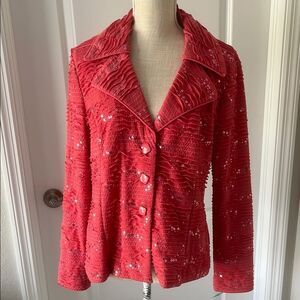 Clara Sun Woo Coral Textured Sequined Jacket Square Buttons Sz L